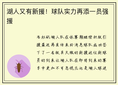湖人又有新援！球队实力再添一员强援