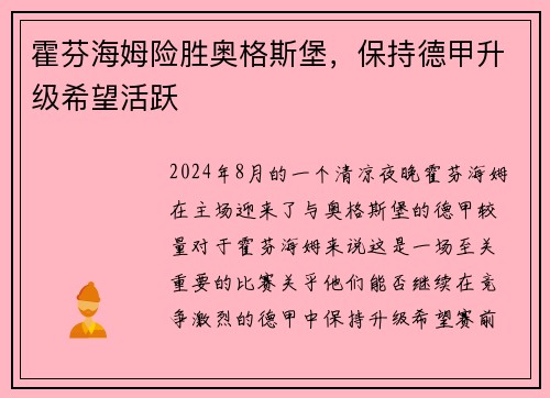 霍芬海姆险胜奥格斯堡，保持德甲升级希望活跃