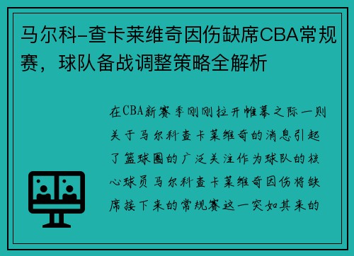 马尔科-查卡莱维奇因伤缺席CBA常规赛，球队备战调整策略全解析