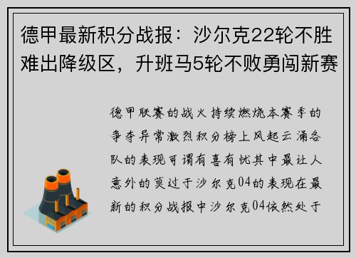 德甲最新积分战报：沙尔克22轮不胜难出降级区，升班马5轮不败勇闯新赛季