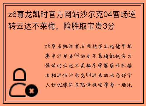 z6尊龙凯时官方网站沙尔克04客场逆转云达不莱梅，险胜取宝贵3分