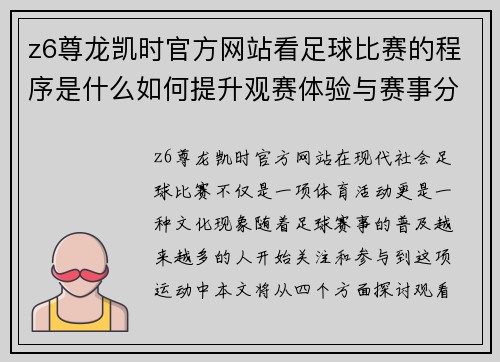 z6尊龙凯时官方网站看足球比赛的程序是什么如何提升观赛体验与赛事分析技巧